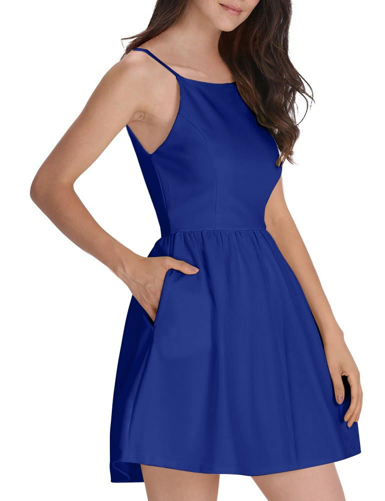 FANCYINN Women's Casual Short Dress Spaghetti Strap Backless Mini Skater Graduation Dress Royal Blue S - Image 1
